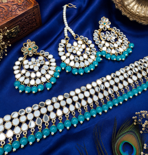Pearls With Original Mirror Work Necklace Set With Earrings & Tikka
