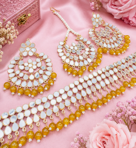 Pearls With Original Mirror Work Necklace Set With Earrings & Tikka