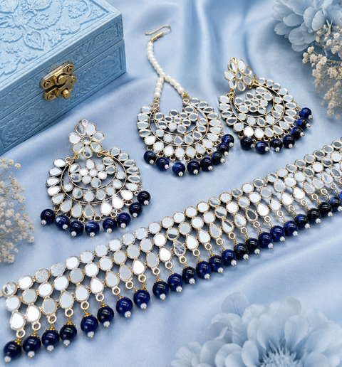 Pearls With Original Mirror Work Necklace Set With Earrings & Tikka