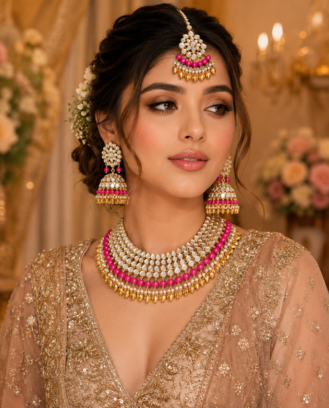 Pearls with original mirror work necklace set with Jhumka & tikka
