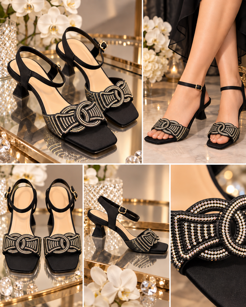 Elegant black heels with sparkling stone work and a stylish front design, giving them a classy and party-ready look. Featuring an ankle strap for a secure fit, these heels are perfect for weddings, parties and festive wear.