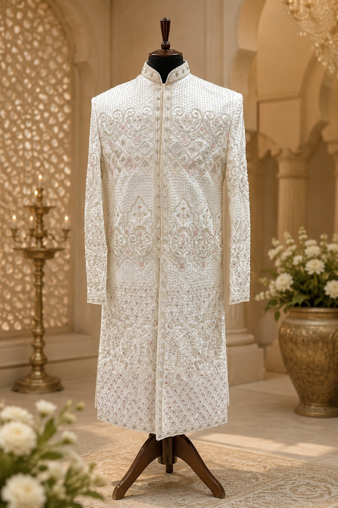 (Video clip attached )Cream color heavy embroidery & pearl sequined work all over with hand work pearl beaded neck, buttons and sleeves design Sherwani and Pants(waist belt for dupatta)