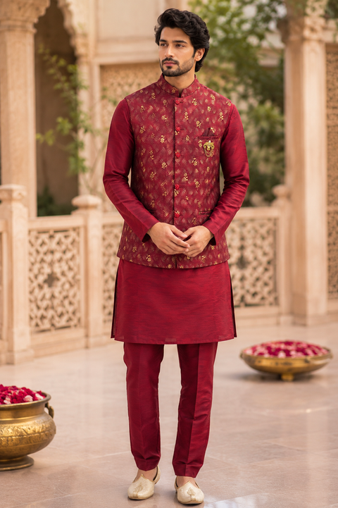 Royal Maroon Kurta Set with Designer Woven Jacket – A sophisticated maroon kurta set paired with a premium woven Nehru jacket, perfect for weddings and festive celebrations. Slight variation in color and design may occur.