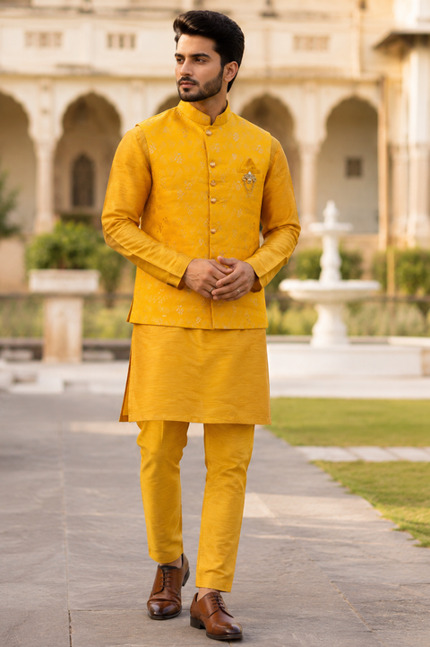 Mustard Yellow Jacquard Kurta Set with Matching Nehru Jacket – A timeless festive ensemble featuring elegant woven detailing and a refined ethnic look. Slight variation in color and design may occur.