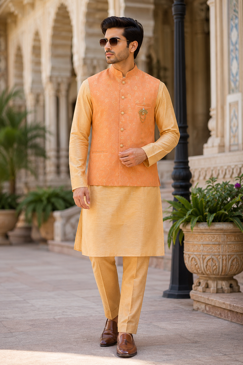 Elegant Golden Kurta Set with a Bright Peach Jacquard Jacket, crafted for timeless festive and wedding celebrations. Slight variation in color and design may occur.