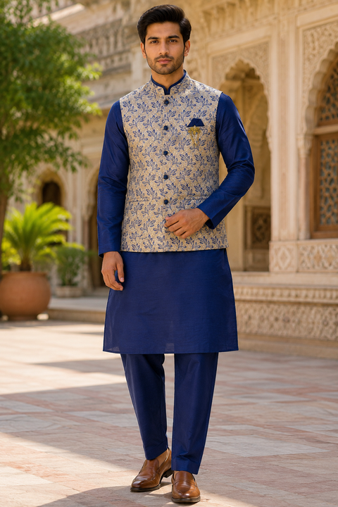 Royal Navy Blue Kurta Set with an Elegant Floral Jacquard Jacket, perfect for festive celebrations and wedding occasions. Slight variation in color and design may occur.