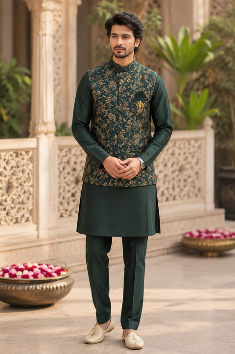 Premium Dark Green Kurta Set with Designer Floral Nehru Jacket – A sophisticated dark green kurta set paired with a luxurious floral woven jacket, perfect for weddings and festive occasions. Slight variation in color and design may occur.