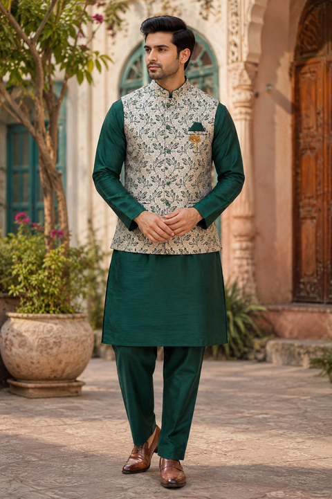 Elegant Emerald Green Kurta Set with a Premium Floral Jacquard Jacket, crafted for weddings and festive occasions. Slight variation in color and design may occur.