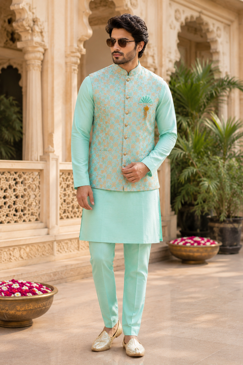 Premium Seafoam Green Kurta Set with Designer Floral Nehru Jacket – A refreshing seafoam green kurta set paired with a luxurious floral woven Nehru jacket, crafted for weddings, festive celebrations, and special occasions. Slight variation in color and de