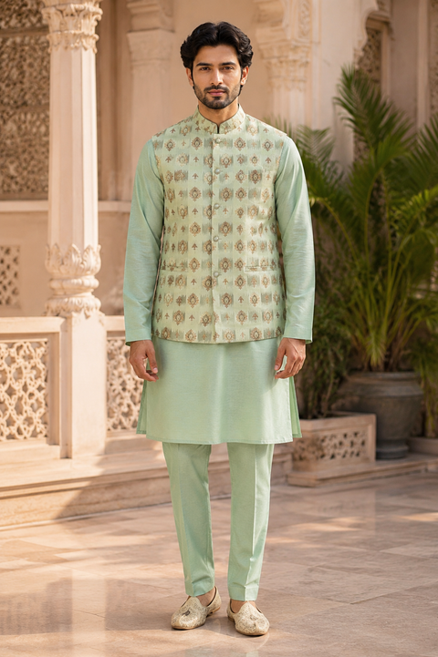 Mint Green Kurta Set with Designer Printed Nehru Jacket – A refreshing mint green kurta set paired with a premium printed Nehru jacket, perfect for weddings, festive celebrations, and special occasions. Slight variation in color and design may occur