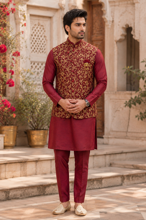 Premium Maroon Kurta Set with Designer Floral Nehru Jacket – A luxurious maroon kurta set paired with an elegant floral woven Nehru jacket, perfect for weddings, festive celebrations, and special occasions. Slight variation in color and design may occur.
