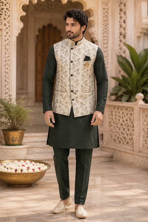Kai Green Kurta Set with Designer Floral Nehru Jacket – A luxurious maroon kurta set paired with an elegant floral woven Nehru jacket, perfect for weddings, festive celebrations, and special occasions. Slight variation in color and design may occur