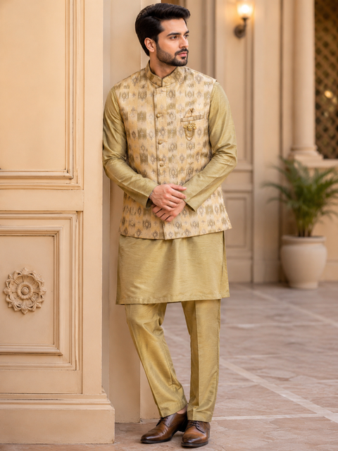 Elegant jacquard waistcoat set with a matching kurta and straight pants, perfect for festive celebrations and wedding occasions.