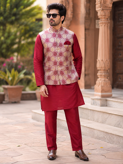 Elegant Maroon Kurta Set with Premium Brocade Jacket, perfect for festive occasions and celebrations. Slight variation in color and design may occur.
