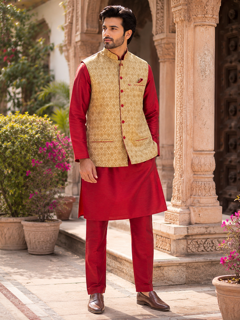 Classic Red Kurta Set with an Elegant Gold Brocade Jacket, designed for timeless festive and wedding celebrations. Slight variation in color and design may occur.