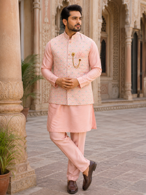 Elegant pastel pink jacquard waistcoat set with a matching kurta and straight pants, perfect for weddings, festive celebrations, and special occasions.slight variation in color and design is possible