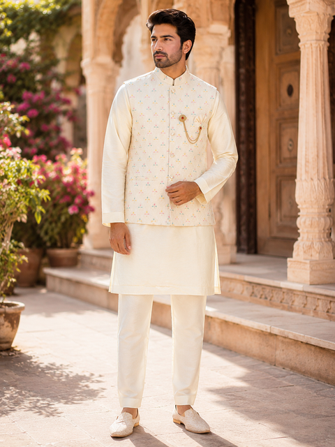 Premium Ivory Kurta Set with an Elegant Multicolour Embroidered Jacket, perfect for weddings and festive celebrations. Slight variation in color and design may occur.