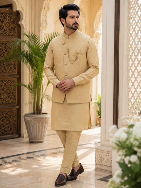 Classic beige kurta set with a premium textured jacket, offering a timeless festive and wedding-ready look. Slight variation in color and design may occur.