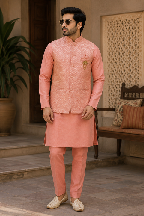 Elegant Peach Kurta Set with a Premium Textured Nehru Jacket, crafted for timeless festive style and refined sophistication. Slight variation in color and design may occur.