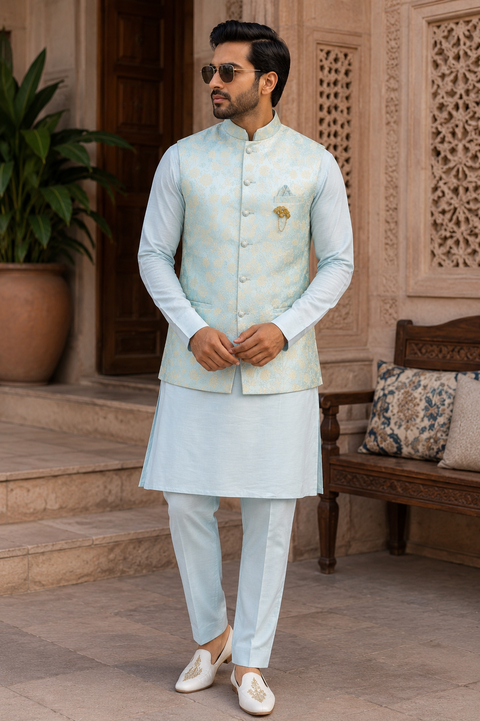 Elegant Icing Blue Kurta Set with a Luxurious Shimmer Floral Nehru Jacket, crafted for sophisticated festive and wedding occasions. Slight variation in color and design may occur.