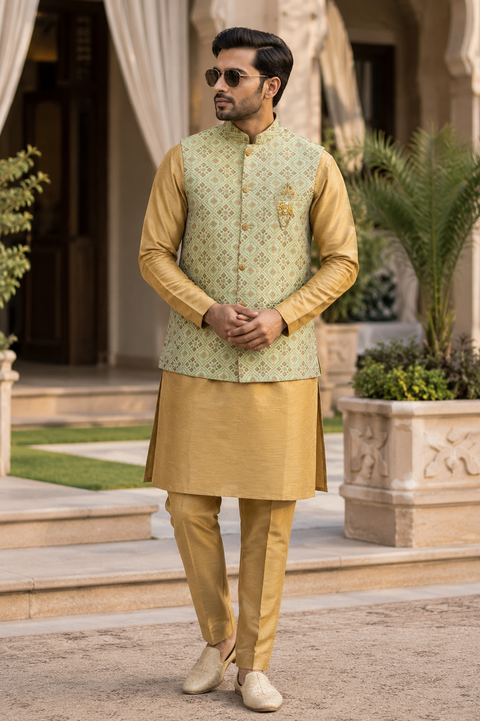 Elegant Olive Gold Kurta Set with a Premium Geometric Nehru Jacket, crafted for a refined festive and wedding look. Slight variation in color and design may occur.