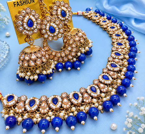 Original Polki stone with pearls beaded work beautiful necklace with jhumka and tikka set