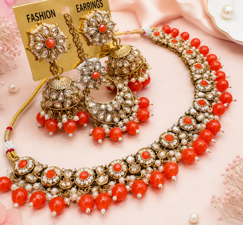 Original Polki stone with pearls beaded work beautiful necklace with jhumka and tikka set