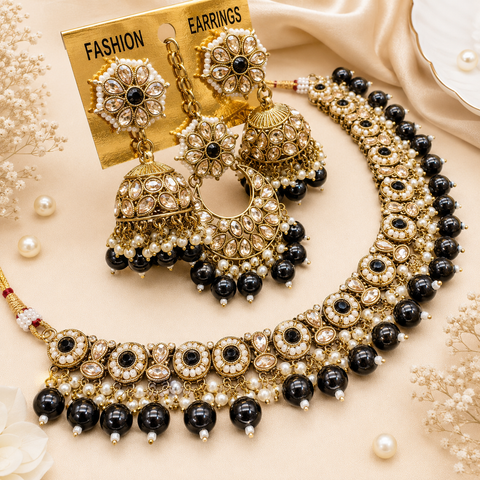 Original Polki stone with pearls beaded work beautiful necklace with jhumka and tikka set