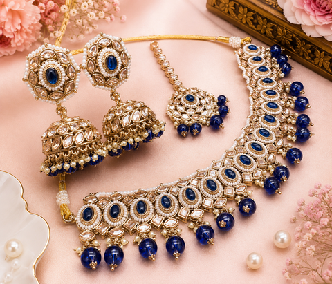 Original Polki stone with pearls beaded work beautiful necklace with earrings and tikka set