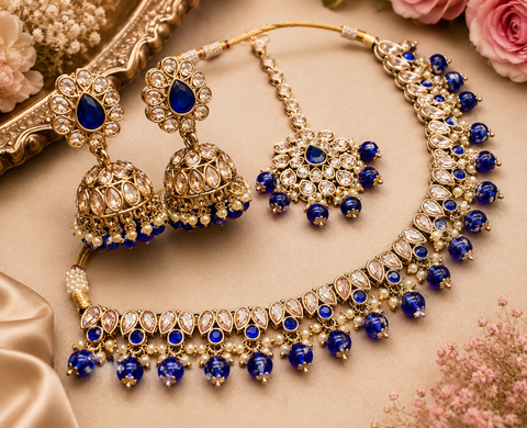 Original Polki stone with pearls beaded work beautiful necklace with earrings and tikka set