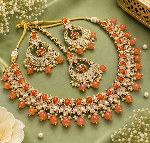 Original Polki stone with pearls beaded work beautiful necklace with earrings and tikka set