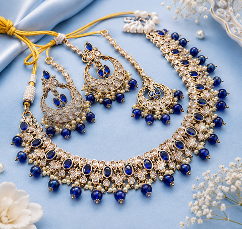 Original Polki stone with pearls beaded work beautiful necklace with earrings and tikka set