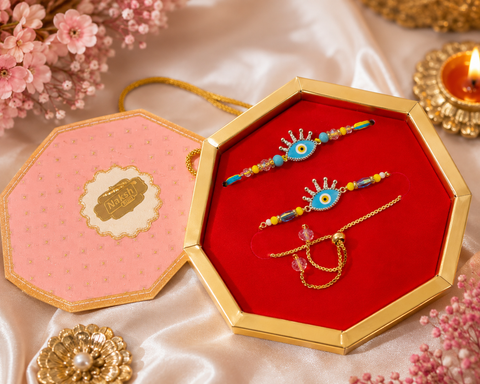 Beautiful Bhai-Bhabhi Rakhi Set featuring elegant stone work with delicate bead detailing and a stylish Bhabhi bracelet. Comes in a beautiful premium gift box, perfect for Raksha Bandhan.