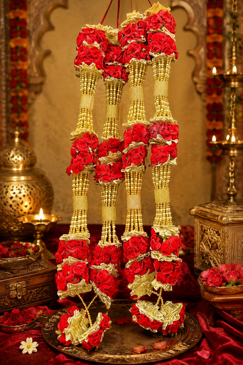 Red colour Wedding Garland/ Jaimala, Heavy artificial flowers with Pearl work (Comes in Pair)