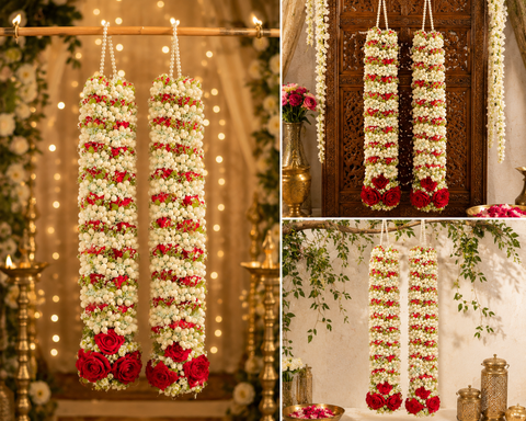 Beautifully Red Roses with heavy crafted Mogra flowers and pearls Varmala / Jailmala , featuring elegant floral detailing and rich traditional accents. A perfect choice to add a graceful touch to your special wedding ceremony.(comes in one pair)