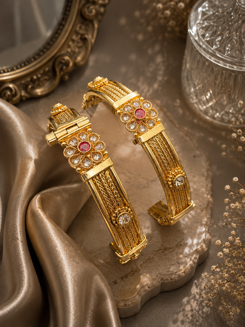(Not original Gold )Royal look Gold plated original Kundan stone beautiful design Designer Kade (Openable , Screw Designed)pair