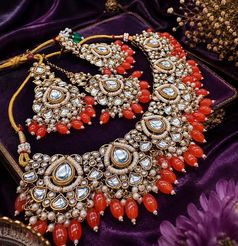 Kundan stone with pearls beaded work beautiful necklace with earrings and tikka set