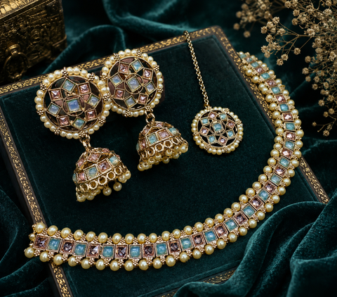 Polki And Pearls Work Beautiful Necklace Set With jhumka & Tikka