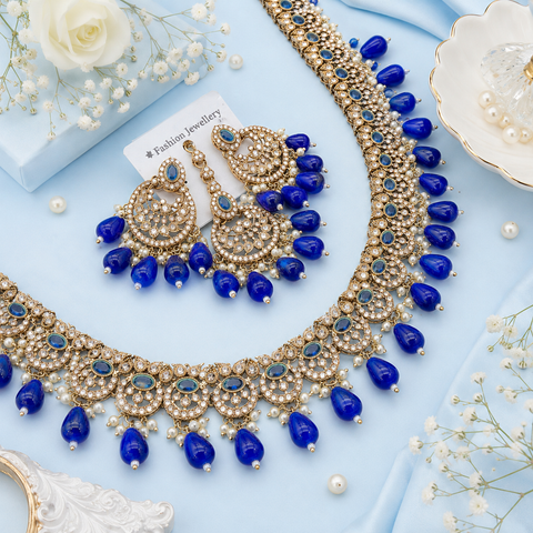 Jerkan stone with pearls beaded work beautiful necklace with earrings and tikka set