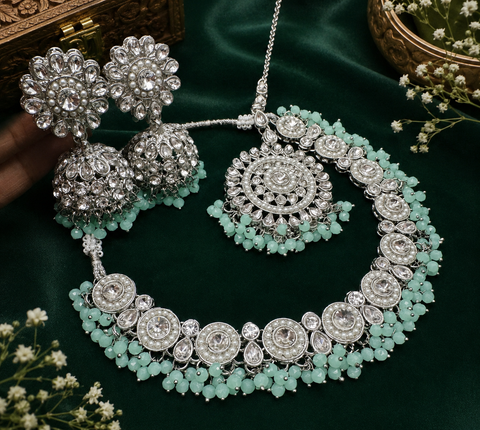 Silver Jerkan stone with pearls beaded necklace set with beautiful earrings & tikka