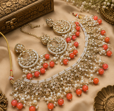 Polki stone with pearls beaded necklace set with beautiful earrings & tikka