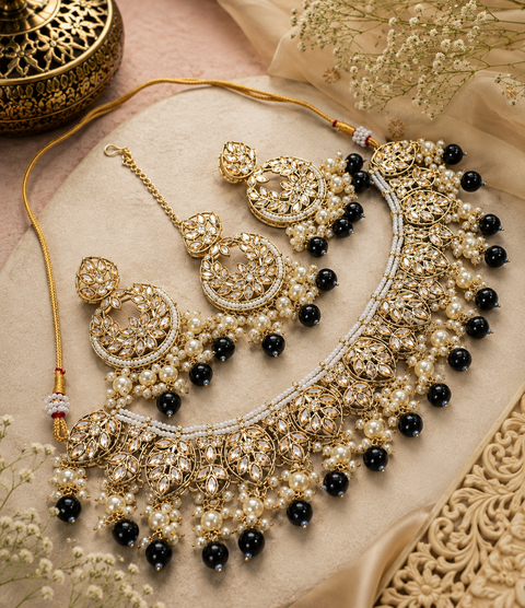 Polki stone with pearls beaded necklace set with beautiful earrings & tikka