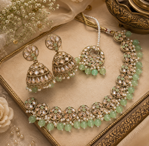 Polki stone with pearls beaded necklace set with beautiful earrings & tikka
