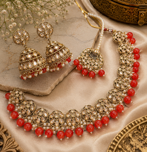 Polki stone with pearls beaded necklace set with beautiful earrings & tikka