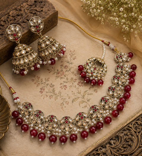 Polki stone with pearls beaded necklace set with beautiful earrings & tikka