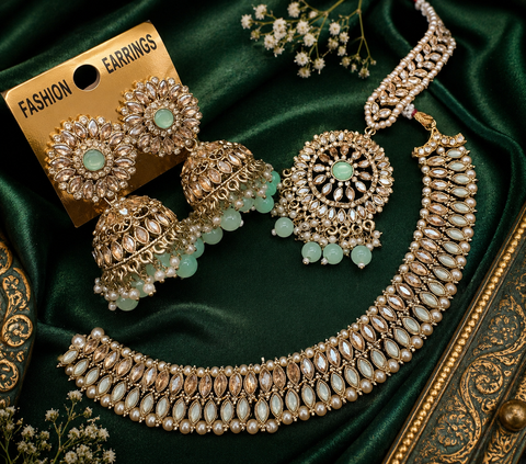 Polki stone with pearls beaded necklace set with beautiful earrings & tikka