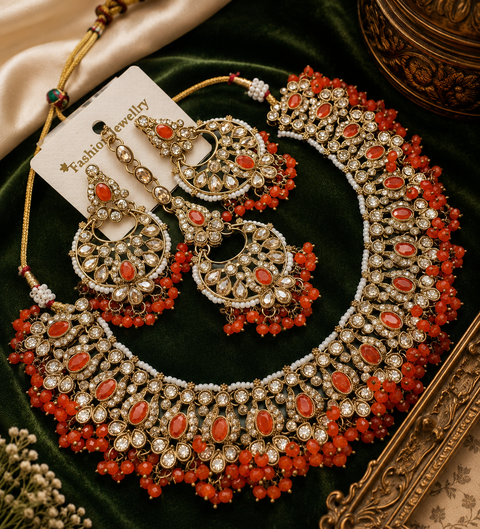 Polki stone with pearls beaded necklace set with beautiful earrings & tikka
