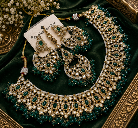 Polki stone with pearls beaded necklace set with beautiful earrings & tikka