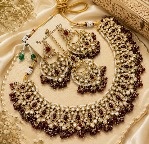 Polki stone with pearls beaded necklace set with beautiful earrings & tikka