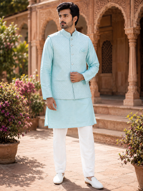 Elegant Sky Blue Kurta Set with a Premium Textured Jacket, perfect for festive occasions and wedding celebrations. Slight variation in color and design may occur.